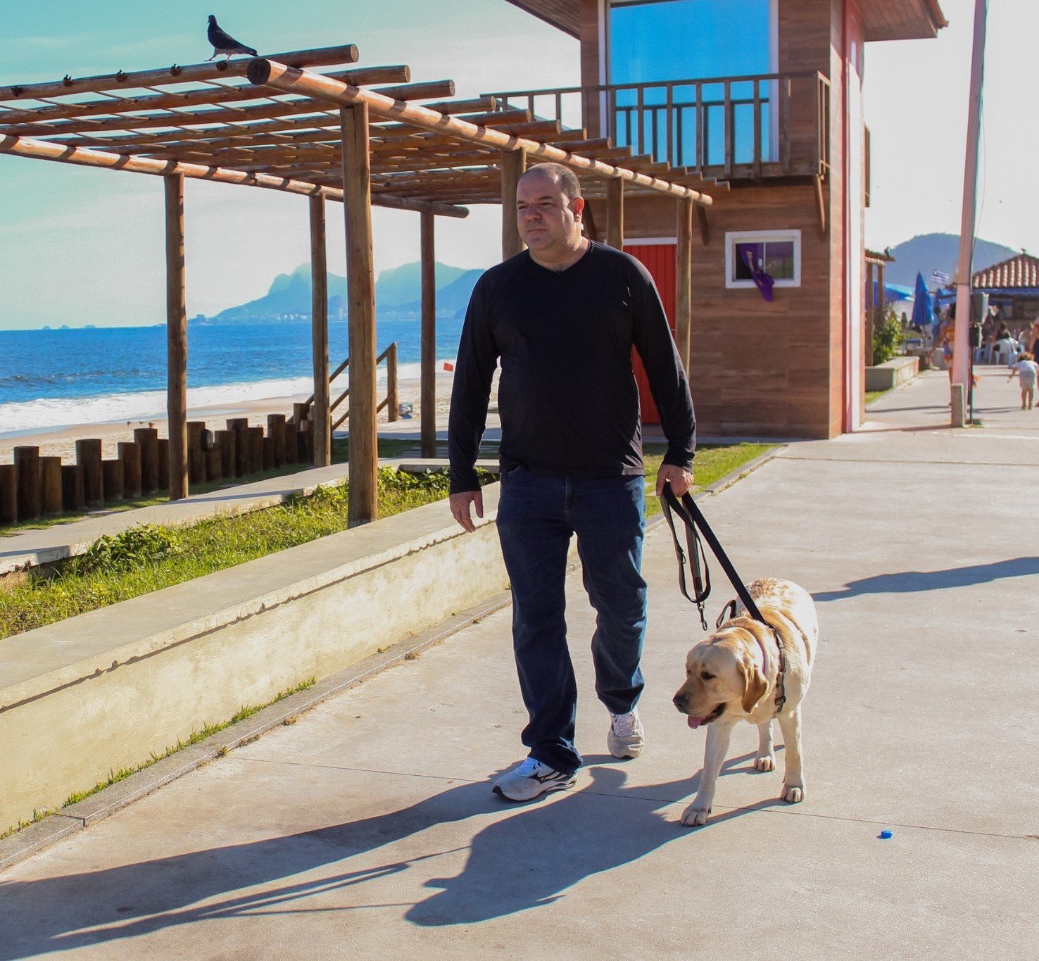 Carlos Sardinha conduzindo um cão durante passeio e treinamento